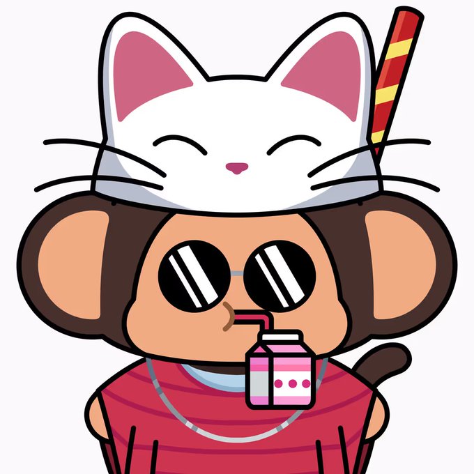 Cartoon illustration of a monkey wearing black sunglasses and a red shirt, drinking a pink beverage with a straw, while a smiling white cat with pink ears sits on its head.