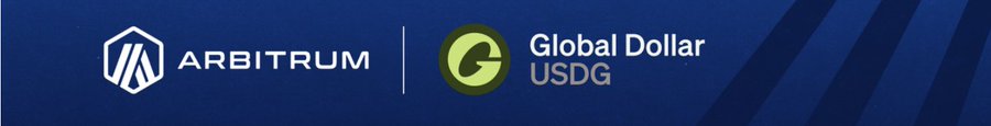 A partnership graphic showing the Arbitrum blockchain logo alongside the Global Dollar (USDG) cryptocurrency logo on a dark blue background.