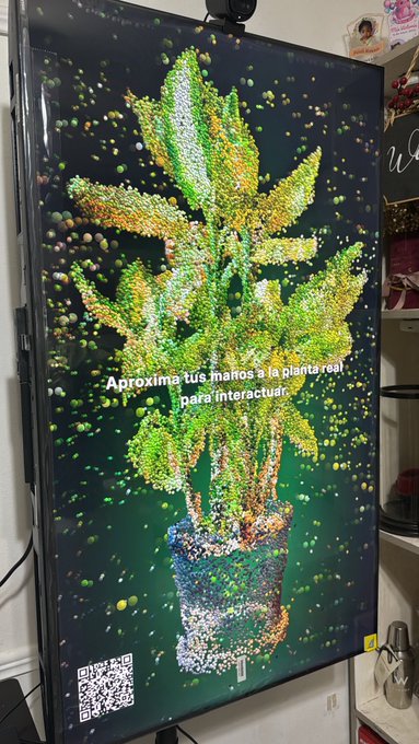 urn with green leaves and a yellow flower, accompanied by text promoting plant care and interaction on a black screen.