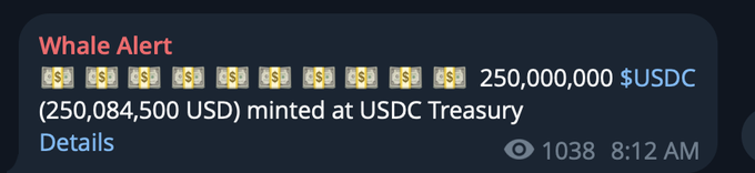 The image displays a screenshot of a chat between a user named 'Solana' with someone who sent them $250,000 USDC via messaging app. The exchange includes details about a transaction of liquidated USDC at Treasury.