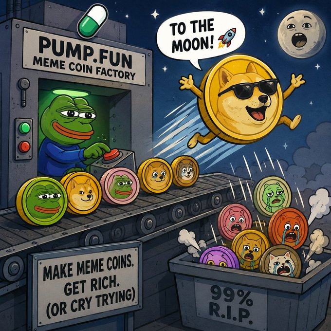 A cartoon-style illustration depicts a 'PUMP.FUN MEME COIN FACTORY' where Pepe the Frog operates machinery producing Dogecoin-style coins, with signs reading 'MAKE MEME COINS. GET RICH. (OR CRY TRYING)' and '99% R.I.P.', while a Doge coin exclaims 'TO THE MOON!'