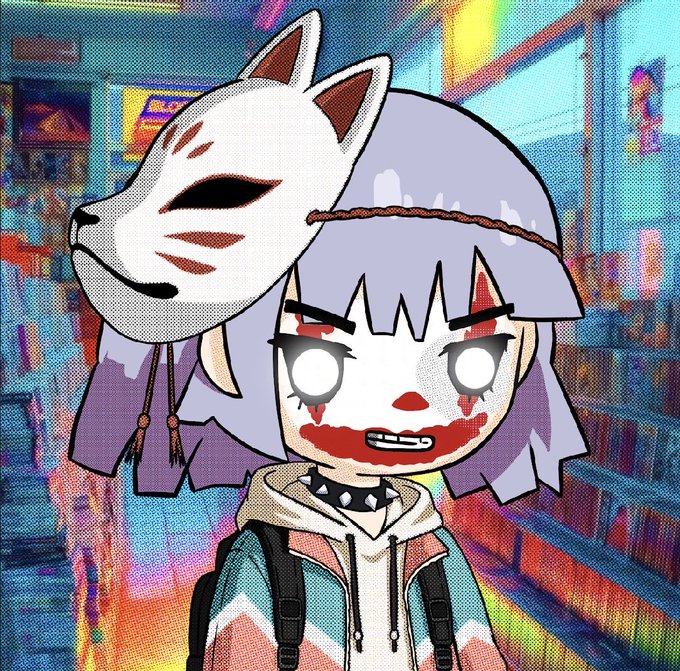 An anime-style illustration features a character with purple hair wearing a fox mask, with glowing white eyes and red markings on their face, standing in a colorful, glitchy hallway.