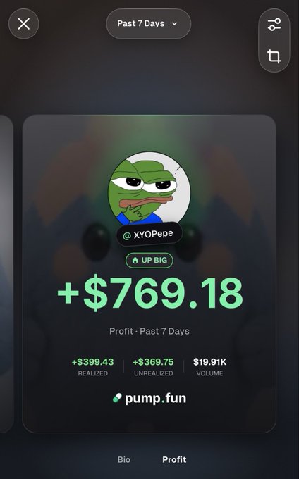 A mobile screenshot of a trading profile for '@XYOPepe' showing a past 7-day profit of +$769.18 ($399.43 realized, $369.75 unrealized) on the pump.fun platform.