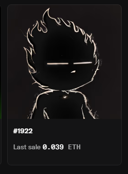 The image shows an NFT listing #1922 featuring a minimalist neon outline drawing of a character on a dark background, with a last sale price of 0.039 ETH. The accompanying post discusses the Fuego collection's floor price and mentions this "Zeon Ronin" 1-of-1 item being purchased by a "jeeter."