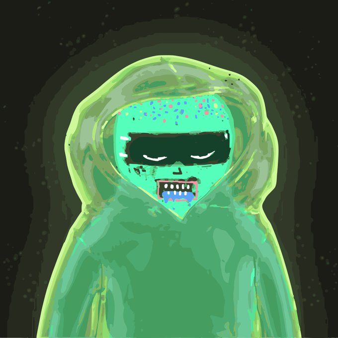 A pixelated digital illustration of a green-robed figure with a digital visor displaying jagged teeth and colorful static.