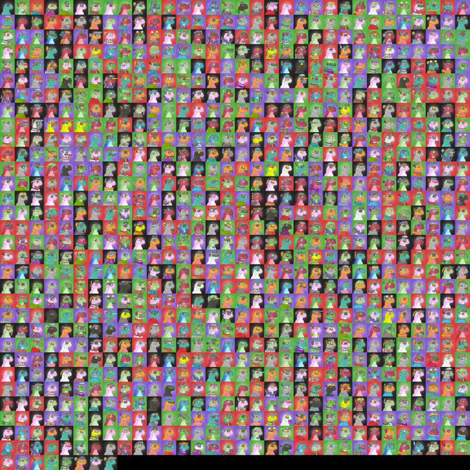 A grid displaying hundreds of pixel art cartoon duck characters in various colors, with a few highlighted colored blocks scattered across the predominantly gray-toned collection.