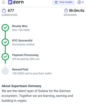The image shows a summary page from a website or app named Earn featuring the text "Grateful to have won a Bonus Prize from the Solana Summit Germany bounty Not the main 1st/2nd/3rd place yet, but I’m really thankful for the opportunity to join, create, and be part of this campaign". The main post about the rewards prizes is about how the participants are being acknowledged. 
Some people might wonder whether it's the first prize or just a milestone achievement in the process of receiving the reward. It appears that the post has been edited to focus on the main achievements.