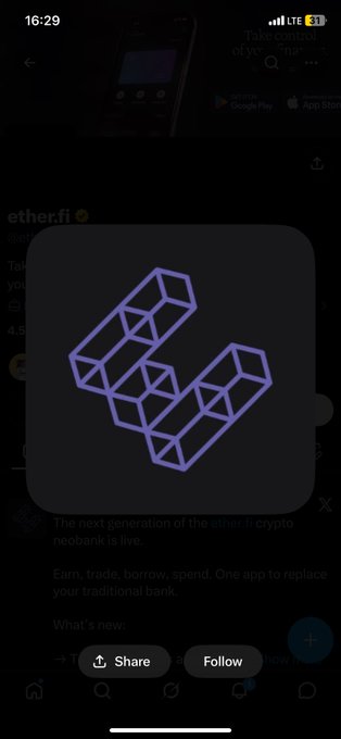 The image shows the EtherFi logo on a mobile phone screen with a "Follow" button visible, suggesting the post is about a web3 security exploit involving the EtherFi platform. The accompanying text discusses a recent exploit that resulted in 15.45 ETH being stolen from EtherFi.