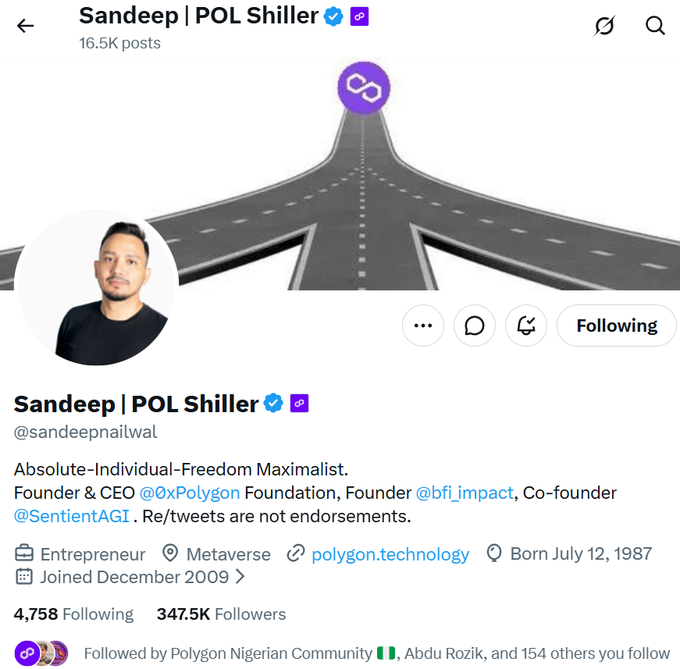 A Twitter/X profile screenshot of Sandeep Nailwal (@sandeepnailwal), Founder & CEO of Polygon Foundation, who has updated his display name to "Sandeep | POL Shiller" with a Polygon icon, aligning with the post's commentary on his bullish promotion of the $POL token and the 100M tokens burned. The profile shows 347.5K followers and lists him as co-founder of SentientAGI.