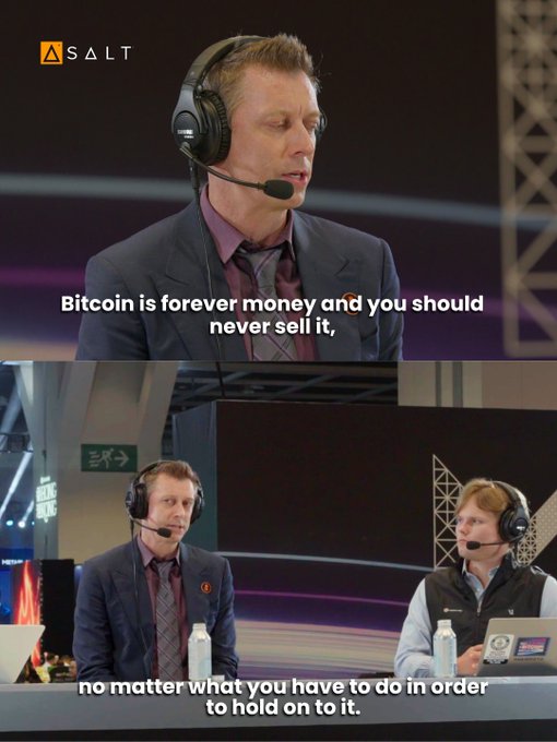 A split-screen broadcast shows headset-wearing presenters on a set; visible text includes the “SALT” logo and the subtitles “Bitcoin is forever money and you should never sell it,” and “no matter what you have to do in order to hold on to it.”