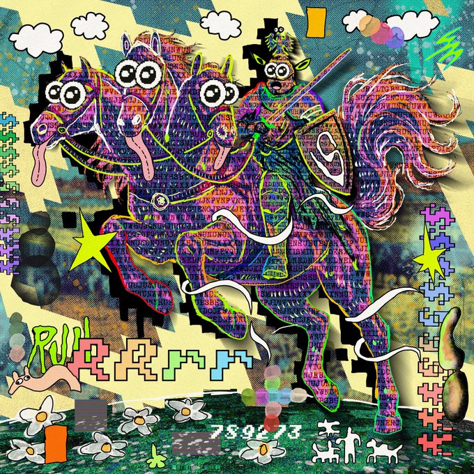 A chaotic digital artwork featuring multiple neon-colored, distorted horses with exaggerated eyes and tongues against a glitchy background filled with stars, clouds, flowers, and pixelated elements.