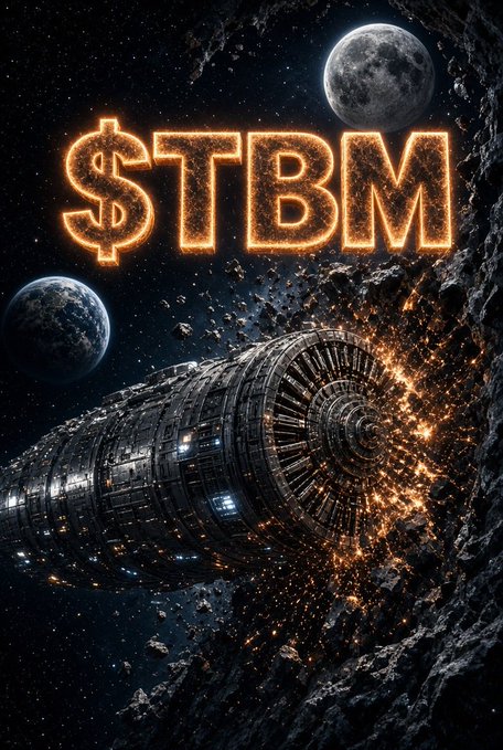 A digital artwork showing the text '$TBM' glowing in fiery orange letters against a space scene with a large spaceship, asteroids, and two planets/moons.