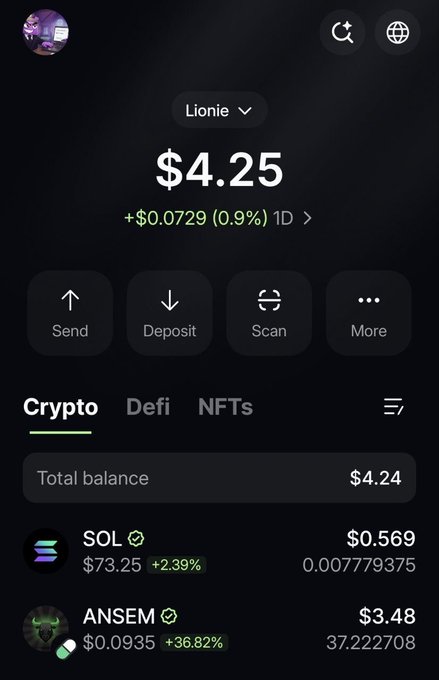 A crypto wallet screenshot displays a $4.25 balance in the "Lionie" account, showing holdings of $SOL (worth $0.569) and $ANSEM (worth $3.48, up 36.82%), reflecting the user's recent investment in the $ANSEM token mentioned in the post.