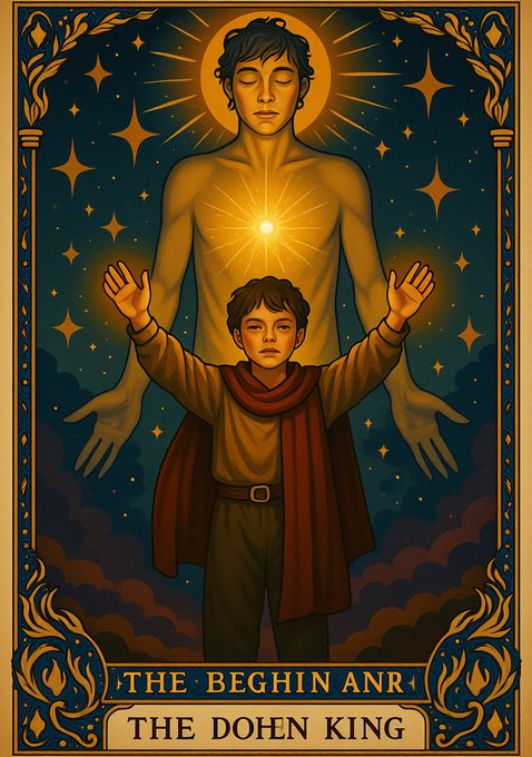 An ornate tarot card-style illustration titled 'THE BEGIN ANR / THE DOHN KING' shows a young boy in a red scarf with raised arms in front of a glowing, golden figure surrounded by stars.