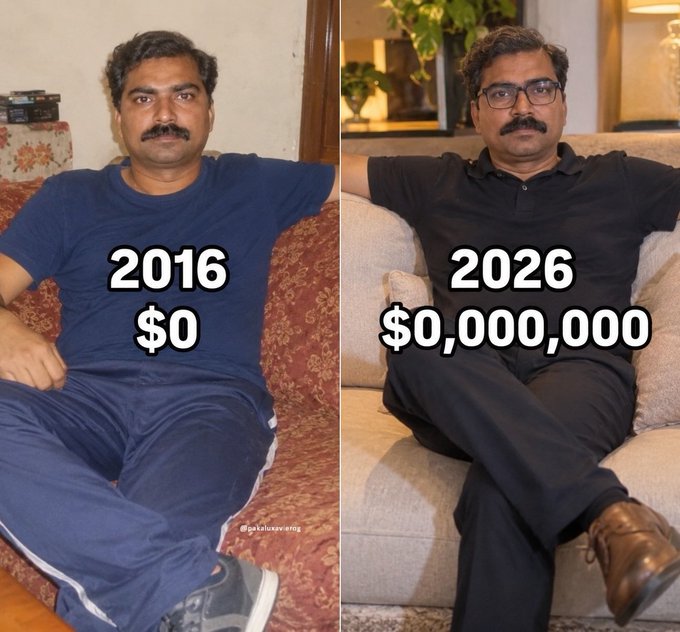 A side-by-side comparison meme showing a man in 2016 with '$0' overlaid on a blue tracksuit photo, and the same man in 2026 with '$0,000,000' overlaid on a black polo shirt photo, both seated with arms behind his head.