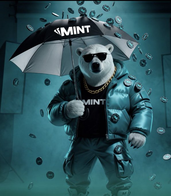 A stylized digital artwork of an anthropomorphic polar bear wearing sunglasses, a gold chain, and a puffy jacket, holding a black umbrella branded with 'MINT' while surrounded by floating MINT coins in a teal-toned environment.