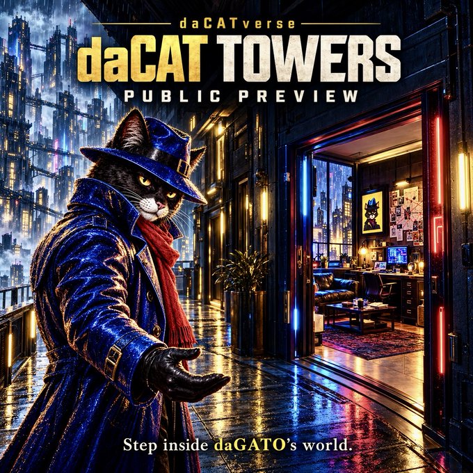 A promotional poster for 'daCAT TOWERS - daCATverse - PUBLIC PREVIEW', showing an anthropomorphic cat wearing a blue fedora, trench coat, and red scarf in a cyberpunk-style city setting, with the tagline 'Step inside daGATO's world.'