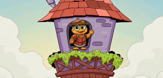 A cheerful cartoon penguin wearing a straw hat and backpack waves from the window of a whimsical tower house floating among fluffy clouds, suggesting an adventurous "Greetings from above" vibe for the casual weekend post "Hy guys gSaturday."