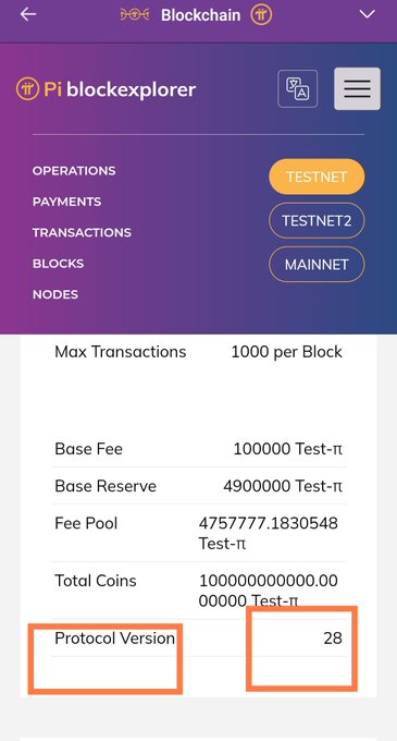 A screenshot of the Pi blockexplorer app showing network statistics including Max Transactions (1000 per Block), Base Fee (100000 Test-π), and Protocol Version 28, with TESTNET, TESTNET2, and MAINNET options.