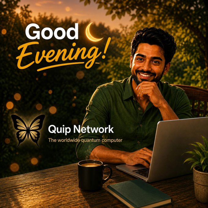 A 'Good Evening!' greeting graphic for 'Quip Network - The worldwide quantum computer,' showing a smiling man with a laptop in an outdoor evening setting, accompanied by a butterfly logo.