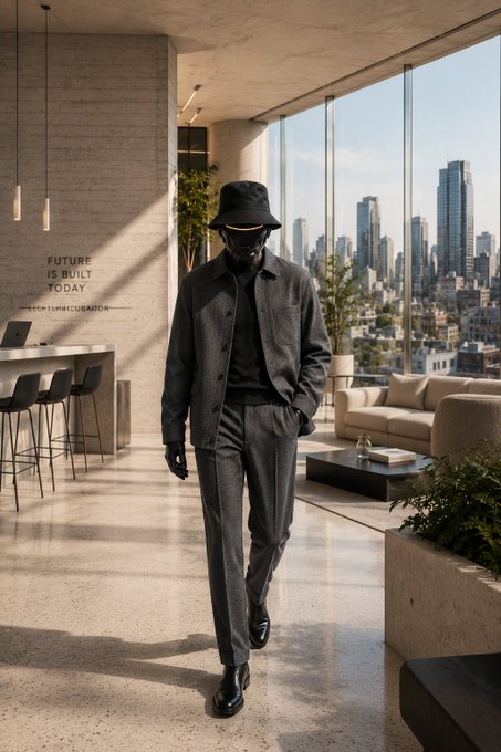 A man in a dark gray outfit, bucket hat, and sunglasses walks through a modern loft apartment with floor-to-ceiling windows overlooking a city skyline, with the text 'FUTURE IS BUILT TODAY' visible on the wall.
