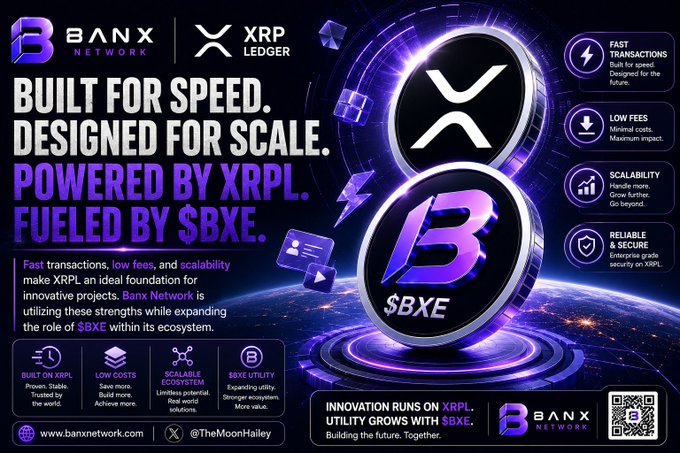 The image features a poster for Bitcoin exchange XRPl, which is designed for speed and scalability. The poster includes two coins, one purple and one black, with the text "Built for Speed" and "Designed for Scale". The coins are powered by Ripple, as indicated by the text "Powered by Ripple". The poster also highlights that the exchange supports Bitcoin, as shown by the text "XRPLedger #CryptoProject #Web3".