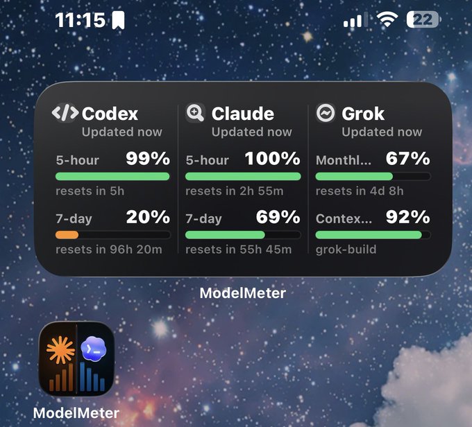 The image shows a screen displaying the settings for a iOS app called "ModelMeter". The app provides information about the time, date, and status of the device. It also displays the status of various apps, such as "Codex", "Claude" and "grok". However, it seems that there are some errors in grok's status; it is not correctly displaying "Reset now." The image shows the interface where users can interact with the app or view its content. There is also a graphic of stars and clouds to depict a cloudy night sky above the iOS device.