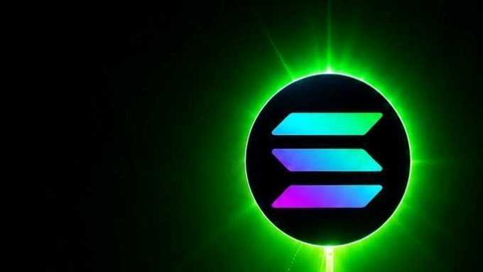 The Solana logo appears as a black circle containing a teal-to-purple gradient symbol, glowing with a green halo against a dark background.