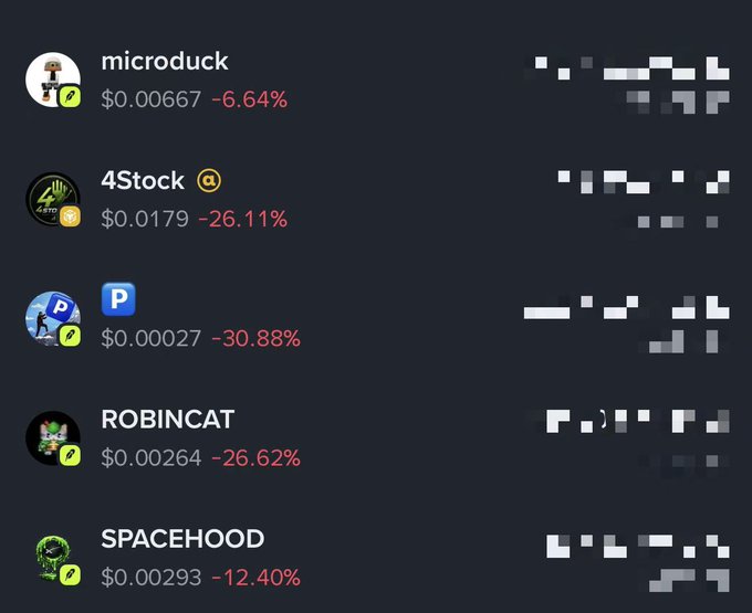 A cryptocurrency price list showing tokens microduck (-6.64%), 4Stock (-26.11%), ROBINCAT (-26.62%), and SPACEHOOD (-12.40%), all displaying significant daily losses in red.