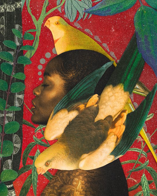 A vibrant artwork depicting a person in profile surrounded by green foliage, with several yellow and green birds perched on and around them against a red background.