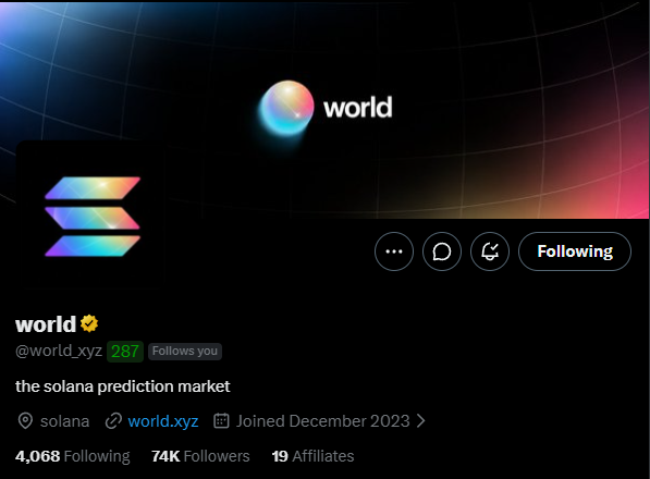 A social media profile page for 'world' (@world.xyz), described as 'the solana prediction market,' with 74K followers, joined December 2023, featuring a colorful Solana logo.