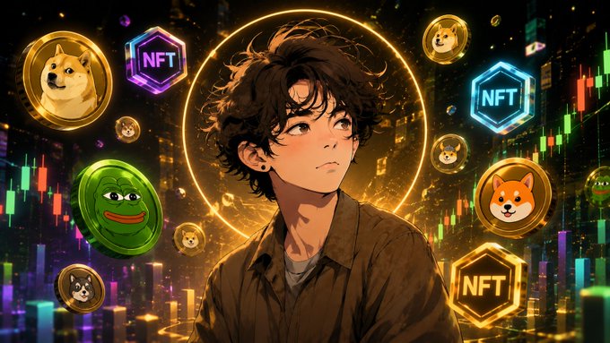 An anime-style illustration of a young man surrounded by cryptocurrency coins (Doge, Pepe, Shiba) and NFT icons against a backdrop of trading charts.