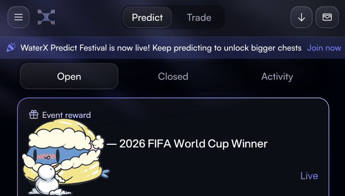 Screenshot of a WaterX Predict Festival event page on a prediction/trading platform, showing a live prediction market for the '2026 FIFA World Cup Winner'.