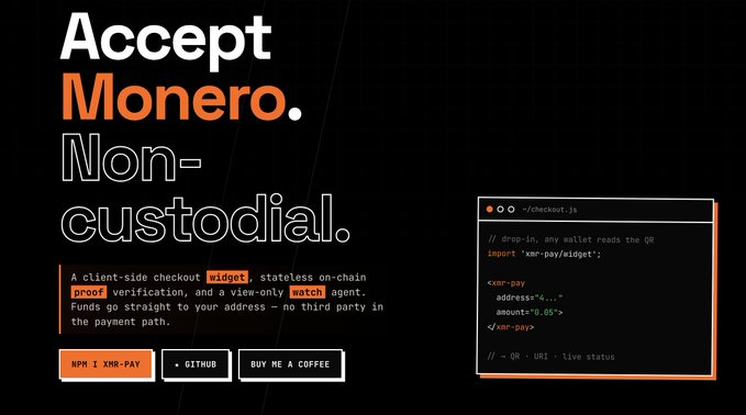 The image shows a screenshot of a webpage with a black background, orange text, and an orange box containing a code. The text "Accept Monero" is displayed at the top of the page, while the text "Non-custodial." is located below it. The website appears to be related to cryptocurrency or digital currency, as indicated by the presence of the code in the image.