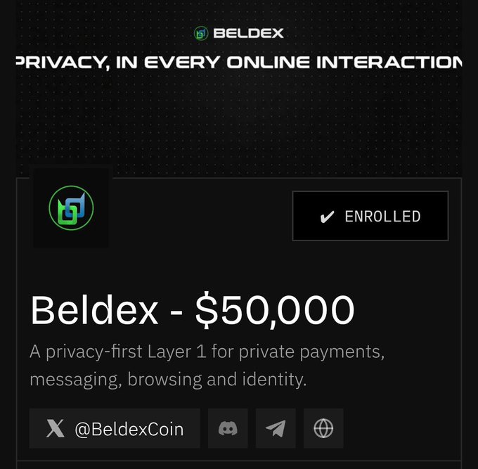 Project listing for Beldex showing an 'ENROLLED' status and a $50,000 allocation, described as a privacy-first Layer 1 for private payments, messaging, browsing, and identity, with the handle @BeldexCoin.