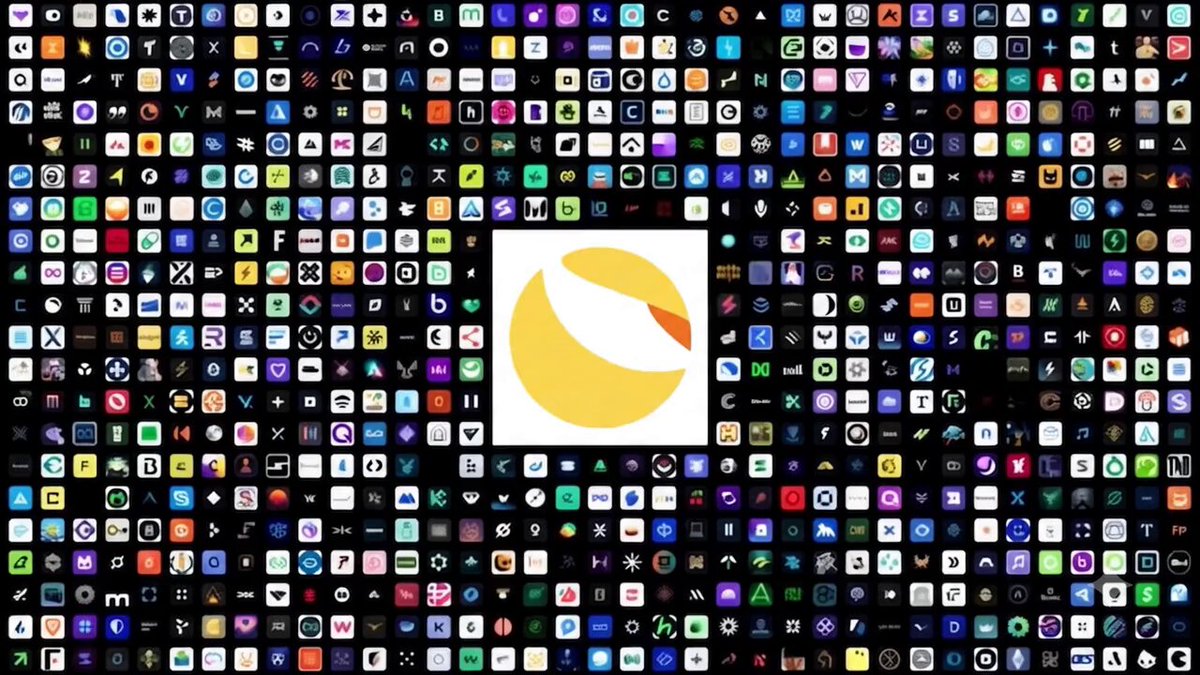 The image features a large, colorful grid of various app icons arranged in rows and columns against a black background. In the center of this grid, there's an icon that resembles a yellow circle with a white outline, which appears to be a logo or symbol related to social media platforms like Facebook or Instagram. The text "LUNC: The Green Tornado That Could Change Everything" is also present in the image.