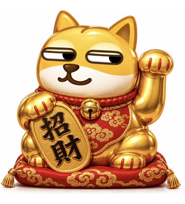 A golden Maneki-neko (lucky cat) figurine waves its paw while holding a gold ingot inscribed with the Chinese characters "招財" (zhāo cái), meaning "summon wealth," sitting on a red embroidered cushion. The lucky cat's wealth-attracting symbolism complements the post's hopeful message about chasing ambitious goals and inviting good fortune, paired with the $BNB token reference.