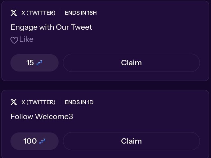 A screenshot showing two X (Twitter) engagement tasks from the Sleepagotchi loyalty hub: liking a tweet for 15 points (ending in 16H) and following "Welcome3" for 100 points (ending in 1D), with both having "Claim" buttons available. The image illustrates the limited-time quest mentioned in the post urging users to complete these social media tasks before the deadline.