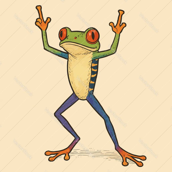 A colorful illustration of a red-eyed tree frog standing on its hind legs with both arms raised upward, fingers splayed against a beige background.