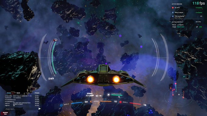 Screenshot from a space combat video game showing a spaceship flying through an asteroid field, with HUD elements displaying '118 fps' and player stats.