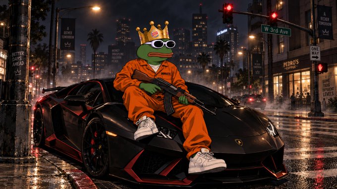 A digital artwork of Pepe the Frog wearing an orange prison jumpsuit, a Burger King crown, and sunglasses, holding an AK-47 while sitting on a black Lamborghini in a nighttime city street.