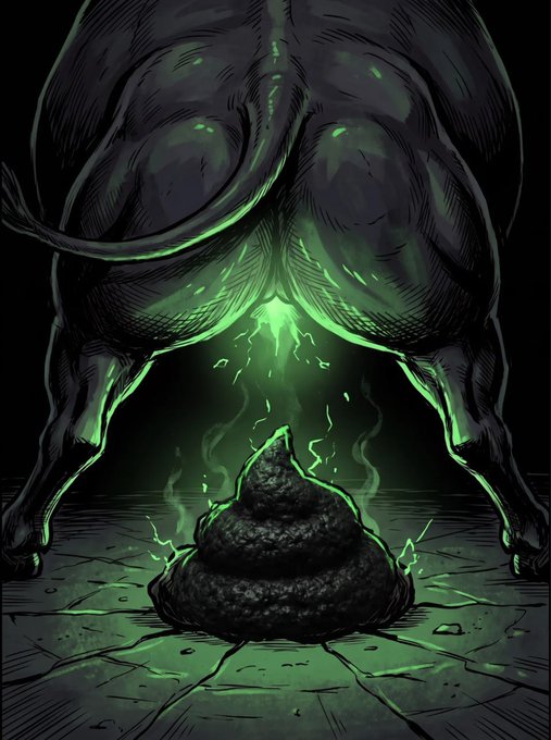 A digital illustration depicting the rear of a black dog emitting a glowing green aura over a coiled pile of feces on cracked ground.