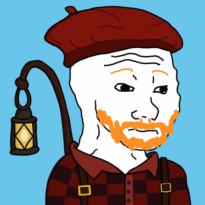 A cartoon-style drawing depicts a bald man with an orange beard wearing a red beret and a red plaid shirt with suspenders, standing next to a hanging lantern.