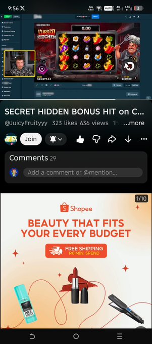 A mobile screenshot of a YouTube video titled "SECRET HIDDEN BONUS HIT" by @JuicyFruityyy, showing a slot game interface, with a Shopee ad below it.