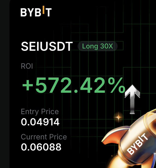 The image is a Bybit promotional graphic showcasing a "SEIUSDT Long 30X" trade with a +572.42% ROI, entry price of 0.04914, and current price of 0.06088, featuring a rocket illustration to symbolize the surge—aligning with the post celebrating a profitable day on $SEI.
