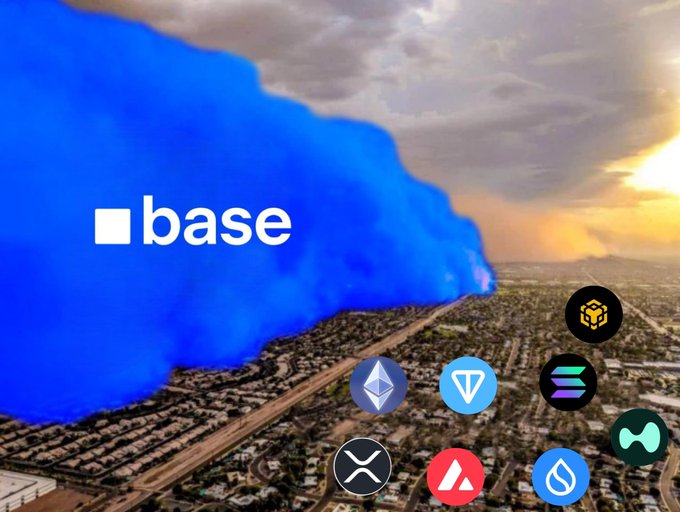 A dramatic blue cloud of smoke emblazoned with the white "base" (Base) logo sweeps across an aerial cityscape, symbolizing the expansion of Coinbase's Base L2 network. Surrounding the smoke are circular icons representing prominent crypto tokens including BNB, Solana, TON, XRP, Avalanche, and Sui, depicting the various blockchain ecosystems within Base's reach.