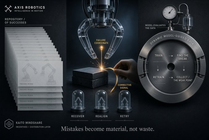 A promotional graphic for Axis Robotics featuring a robotic gripper, a circular diagram labeled 'Dynamic Model-Guided Data', and the text 'Mistakes become material, not waste' along with the KAITO MINDSHARE logo.