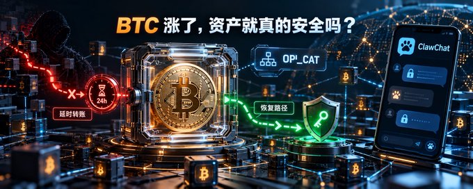 A promotional graphic featuring a Bitcoin coin in a glass display, with Chinese text reading 'BTC 涨了，资产就真的安全吗？' (BTC has risen, are assets really safe?), showing labels for '延迟转账' (delayed transfer), '24h', 'OP_CAT', '恢复路径' (recovery path), and 'ClawChat' alongside a smartphone with chat interfaces.