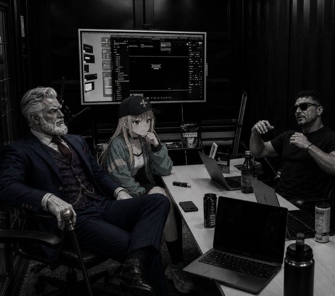ers sit around a table, with two men and a woman, engaged in conversation or work, accompanied by laptops, beer bottles, and a large screen displaying a computer monitor.