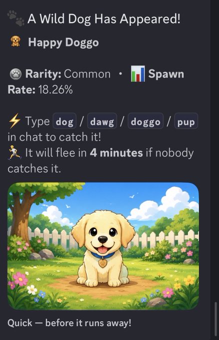 A Discord bot spawn notification reading 'A Wild Dog Has Appeared!' featuring 'Happy Doggo', with type tags 'dog / dawg / doggo / pup', a 4-minute flee timer, and an illustration of a golden retriever puppy.